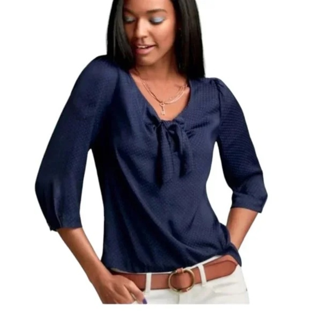 CAbi Navy Swiss Polka Dot Tie Front Scoop Neck Knot Blouse with Bow Detail Small